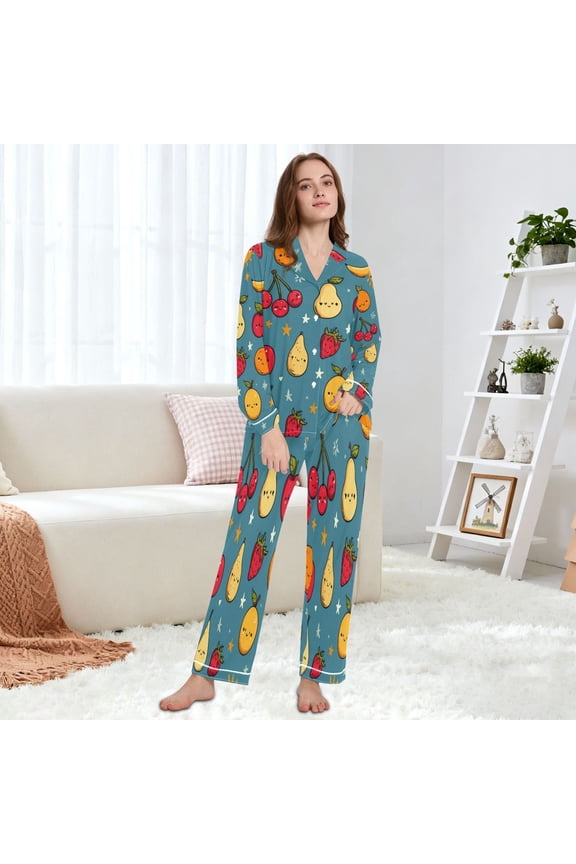 Women's Pajama Set Multi Size Available Long Sleeve Sleepwear For Ladies A Pattern Of Fruits with Faces
