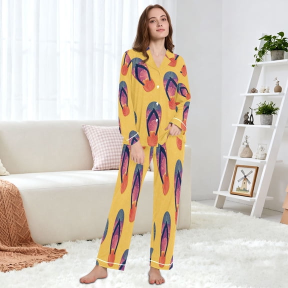 Women's Pajama Set Multi Size Available Long Sleeve Sleepwear For Ladies Beach Flip-flop Pattern