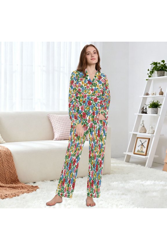 Women's Pajama Set Multi Size Available Long Sleeve Sleepwear For Ladies Colorful Small Flowers