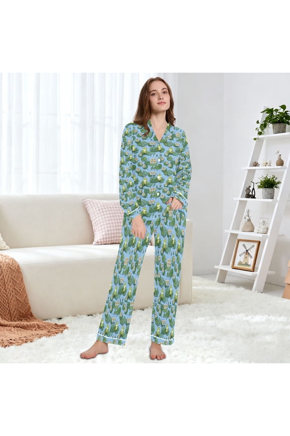 Women's Pajama Set Multi Size Available Long Sleeve Sleepwear For Ladies Frogs Sitting on Lily Pads