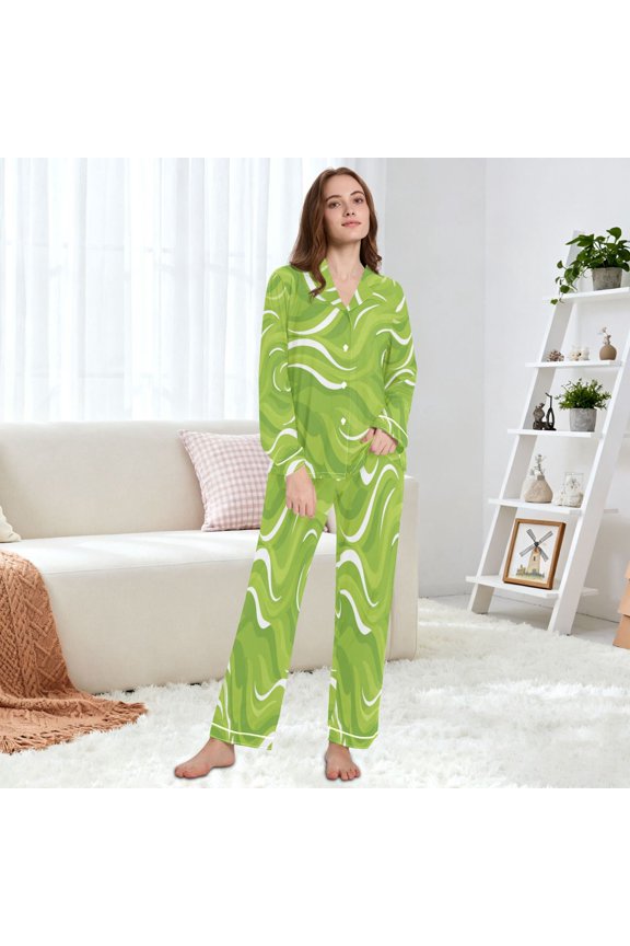 Women's Pajama Set Multi Size Available Long Sleeve Sleepwear For Ladies Green White Simple Shapes