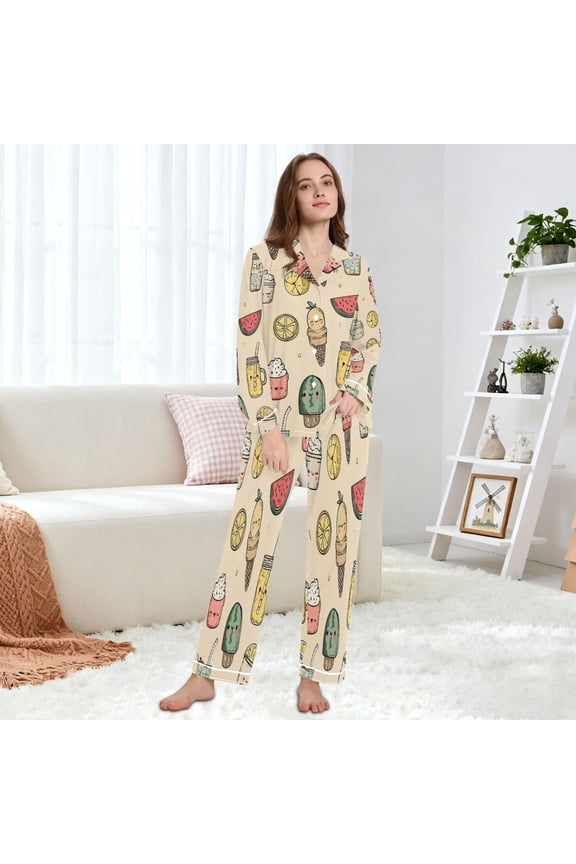 Women's Pajama Set Multi Size Available Long Sleeve Sleepwear For Ladies Playful Line Drawings