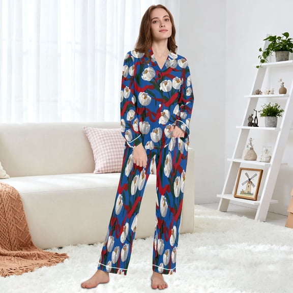 Women's Pajama Set Multi Size Available Long Sleeve Sleepwear For Ladies Red Ribbons