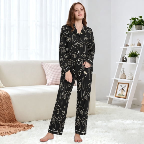 Women's Pajama Set Multi Size Available Long Sleeve Sleepwear For Ladies Simple Line Drawings Of Faces Eyes & Lips