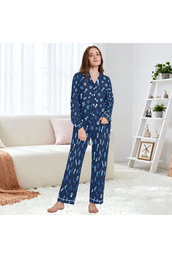 Women's Pajama Set Multi Size Available Long Sleeve Sleepwear For Ladies Small Paw Prints and Bones