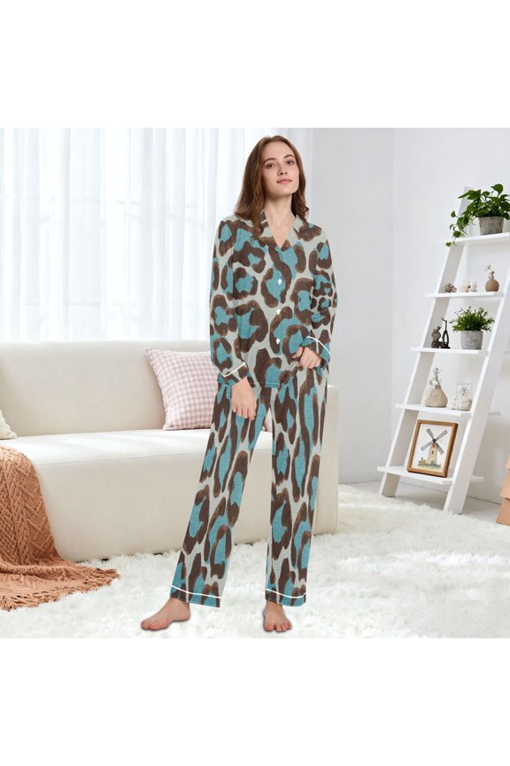 Women's Pajama Set Multi Size Available Long Sleeve Sleepwear For Ladies Turquoise Brown Leopard Pattern