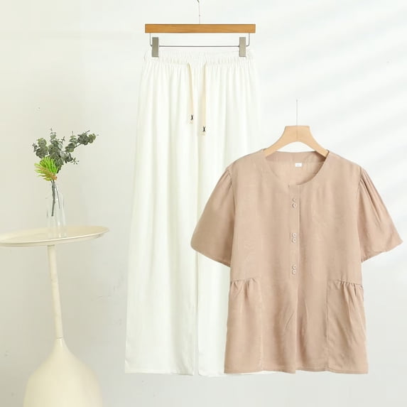 Women's Pajama Set Plus Size 4XL Under $15 Short Sleeve Long Pants Casual Solid Color Short Sleeve Round-Neck Blouses Straight Pants Sets