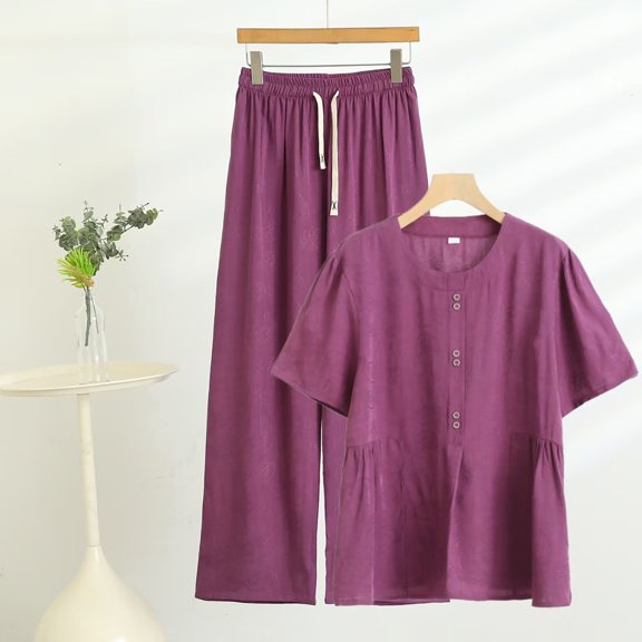Women's Pajama Set Plus Size 4XL Under $15 Short Sleeve Long Pants Casual Solid Color Short Sleeve Round-Neck Blouses Straight Pants Sets