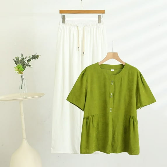 Women's Pajama Set Plus Size 4XL Under $15 Short Sleeve Long Pants Casual Solid Color Short Sleeve Round-Neck Blouses Straight Pants Sets