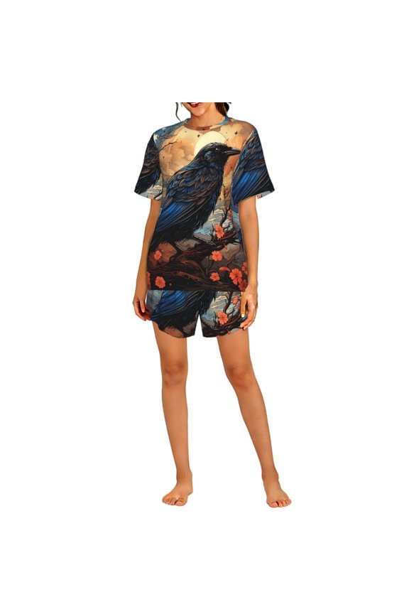 Women's Pajama Set Short Sleeve 2-Piece PJs Loungewear Sleepwear Top Shorts, Crow And Flowers Raven Moon Art