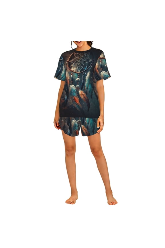 Women's Pajama Set Short Sleeve 2-Piece PJs Loungewear Sleepwear Top Shorts, Dream Catcher Feather Starry Art