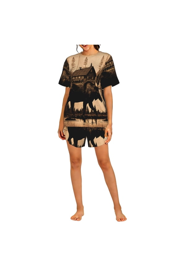 Women's Pajama Set Short Sleeve 2-Piece PJs Loungewear Sleepwear Top Shorts, Rustic Lodge Moose Deer Vintage