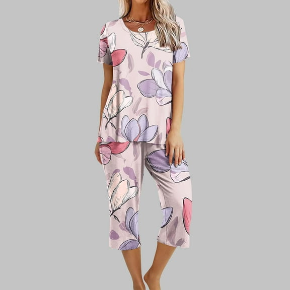 Women's Pajama Set Short Sleeve Pants Under $15 Casual Printed Sleeveless Round Neck Top Set