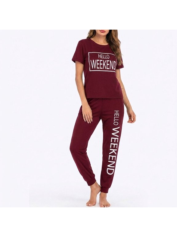 Women's Pajama Set, Short Sleeve Top & Long Jogger Pants Soft Loungewear Hello Weekend Print Sleepwear for Ladies Nightwear