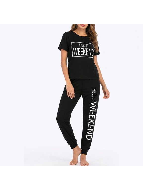 Women's Pajama Set, Short Sleeve Top & Long Jogger Pants Soft Loungewear Hello Weekend Print Sleepwear for Ladies Nightwear