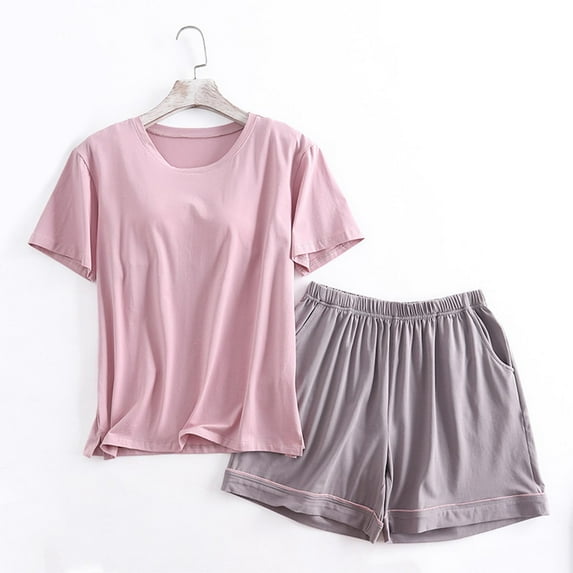 Women's Pajama Set Short Sleeve Tops with Chest Cushion & Shorts 100% Cotton Sleepwear Casual Comfortable Soft Nightwear