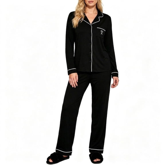 Women's Pajama Set, Soft Long Sleeve Button Up Sleep Shirt & Wide Leg Pants, Comfortable Casual Loungewear Nightwear For Women