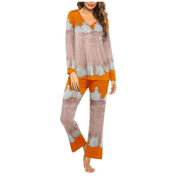 Women's Pajama Set Soft Long Sleeve Sleepwear Loungewear Pjs Sets with Pockets Orange M