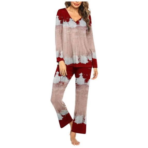 Women's Pajama Set Soft Long Sleeve Sleepwear Loungewear Pjs Sets with Pockets Wine M