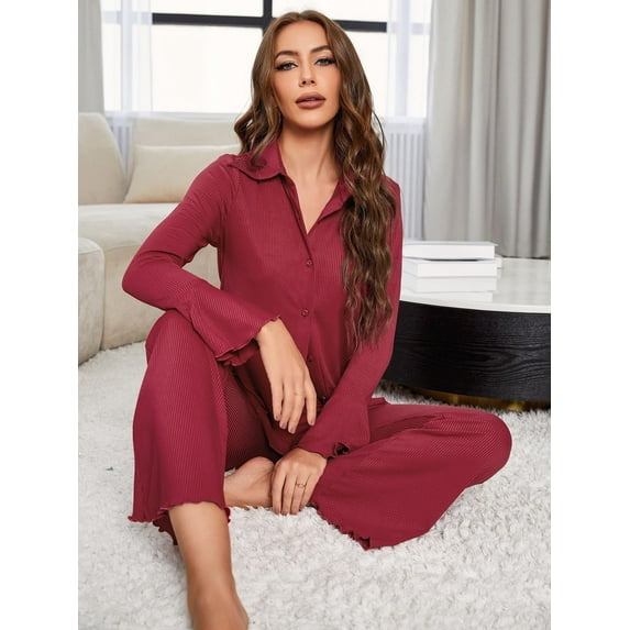 ebukurty Red Pajamas Sets for Women 2 Piece V-neck Flared Long Sleeve and Pans Sleepwear Sets, Sizes M-XL