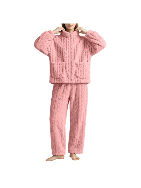 Women's Pajama Set Solid Cable Jacquard Coral Fleece Stand Collar Zip Cardigan Dual Patch Pockets Elastic Loose Wide Leg Pants Thick Warm Winter Cozy Loungewear, Pajamas for Women Set Pink XL