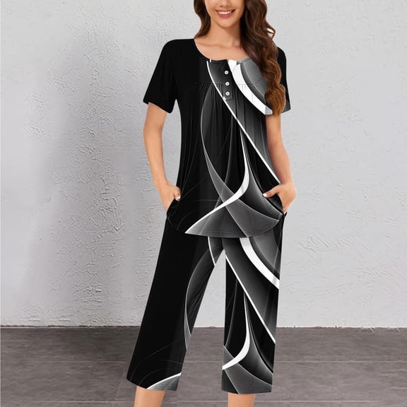 Women's Pajama Set Trendy Print Sleep Set Loose Round Neck Short Sleeve 2 Piece Lounge Outfits With Pockets Black XL