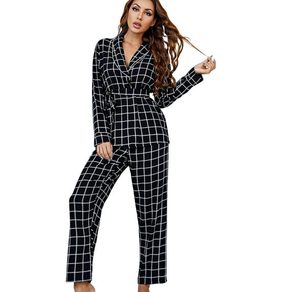 ebukurty Pajamas for Women Sets 2 Piece Black Paired Belted Long Sleeve Robe V Neck Sleepwear, Sizes S-XL