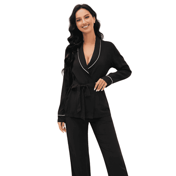 ebukurty Black Women's Pajama Sets 2 Piece V-neck Long Sleeves Tie Robe Sets, Sizes S-M/XL