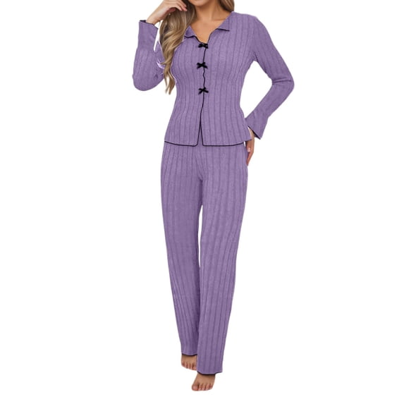 Women's Pajama Set Women Ribbed Knited Pajamas Set Long Sleeve Crew Neck Sleepwear Nightwear 2 Piece Outfit Womens Matching Sets XXL