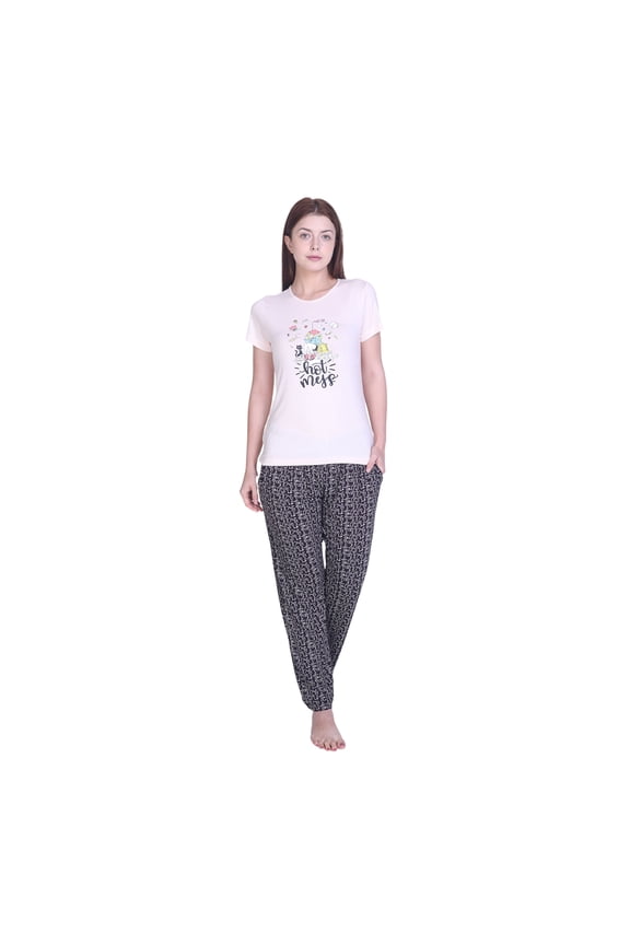 Women's Pajama Set of Soft Short Sleeve Knit Graphic T-shirt and Printed Pajama Full Length with Pockets Bottoms by Badger Smith (L, Peach Black)
