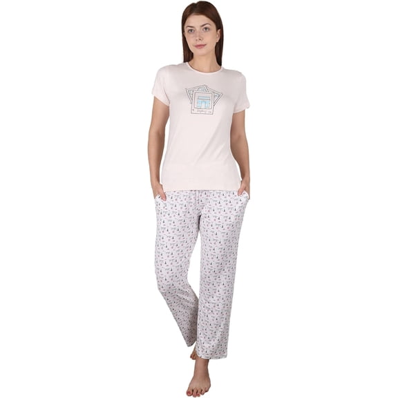 Women's Pajama Set of Soft Short Sleeve Knit Graphic T-shirt and Printed Pajama Full Length with Pockets Bottoms by Badger Smith (L, Peach White)