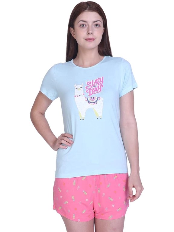 Women's Pajama Set of Soft Short Sleeve Knit Graphic T-shirt and Printed Pajama Shorts by Badger Smith (XXL, Aqua Green Pink)