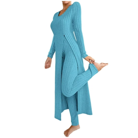 Women's Pajama Sets 2 Piece Casual Long Sleeve Ribbed Knit Blouse Long Pants Matching Set Winter Loungewear Set Blue M