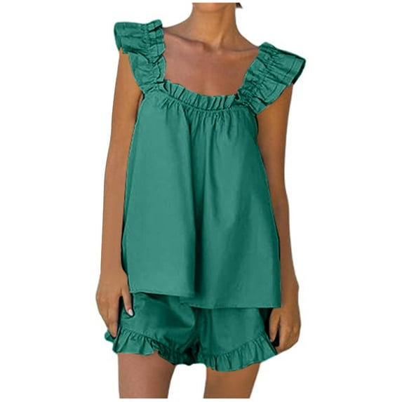Women's Pajama Sets 2 Piece Outfits Sleeveless Sleepwear Ruffle Crop Top And Casual Shorts Loungewear Outfit