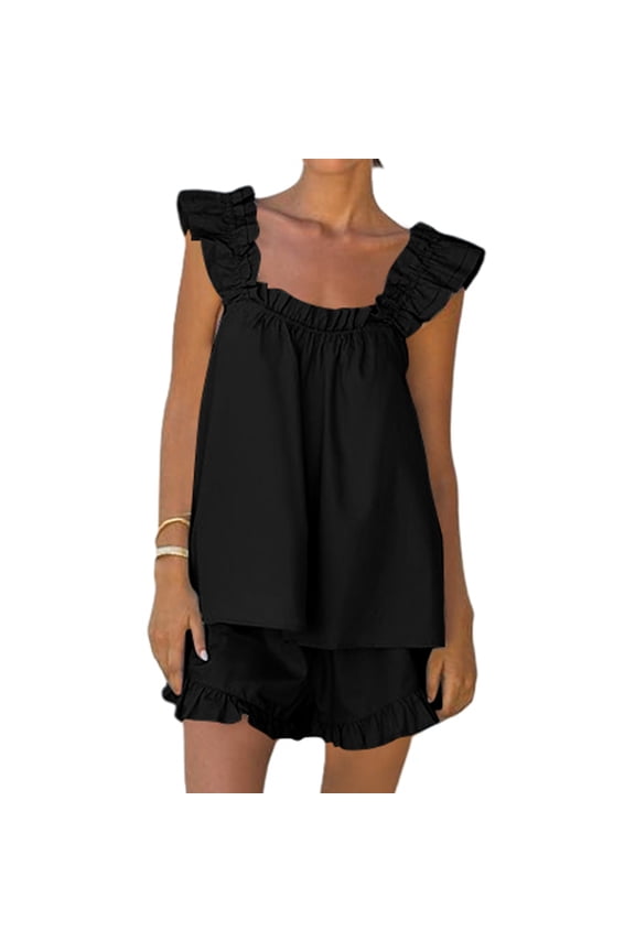 Women's Pajama Sets 2 Piece Outfits Sleeveless Sleepwear Ruffle Crop Top And Casual Shorts Loungewear Outfit Bathing Suits with Shorts for Women Strapless Women Swimsuit plus Size Bathing Suit Women