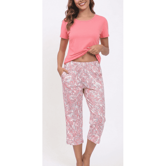 Women’s Pajama Sets 2 Piece Pj Short Sleeve Top and Capri Pants Soft Comfy Lounge Sets Casual Loose Loungewear Sleepwear with Pockets for Spring Summer Fall (Available in Plus Size)