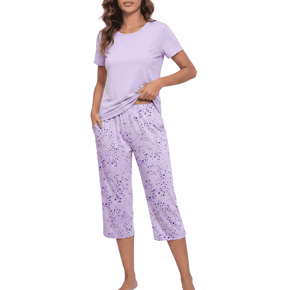 Women’s Pajama Sets 2 Piece Pj Short Sleeve Top and Capri Pants Soft Comfy Lounge Sets Casual Loose Loungewear Sleepwear with Pockets for Spring Summer Fall (Available in Plus Size)