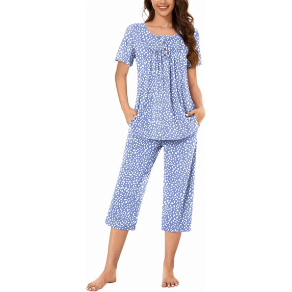 Women's Pajama Sets 2 Piece Summer Sleepwear Ladies Pjs Short Sleeve Capri Pant With Pockets