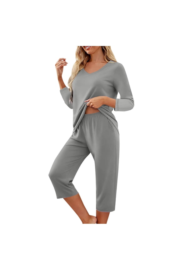 Women's Pajama Sets 3/4 Sleeve V Neck Pj Top and Capri Pants Casual Loose Sleepwear Loungewear with Pockets