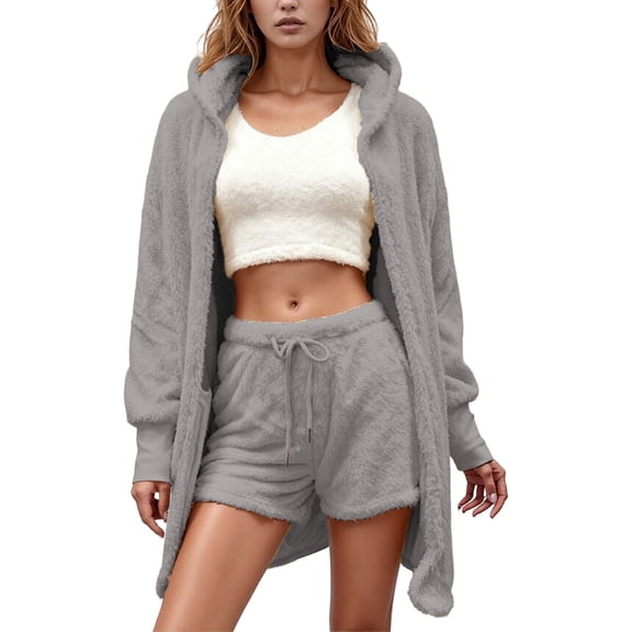 Women's Pajama Sets 3 Piece Soft Flannel Long Sleeve Hooded Cardigan Crop Top And Shorts Cozy Loungewear Sleepwear Outfits