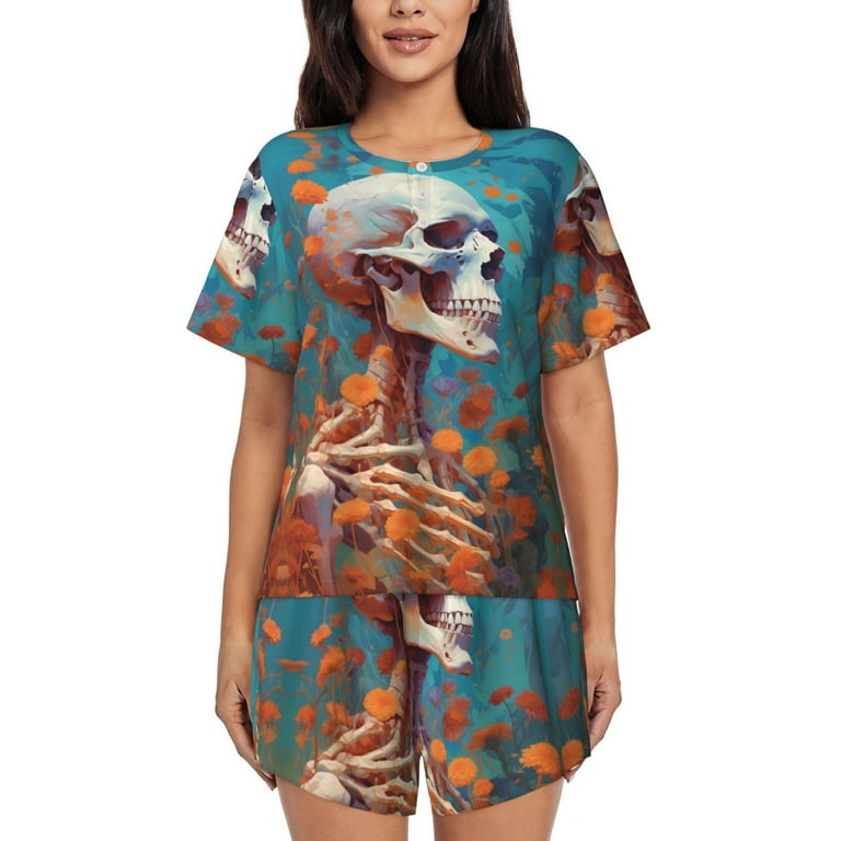 Women’s Pajama Sets - Artistic Orange Carnation Skull Summer 