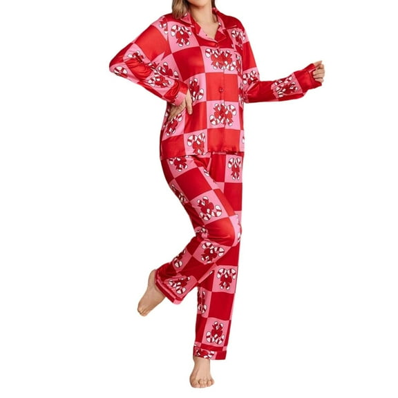 Women's Pajama Sets Casual Cozy Grid Print V Neck Button Long Sleeve Pants Set Women Sleepwear