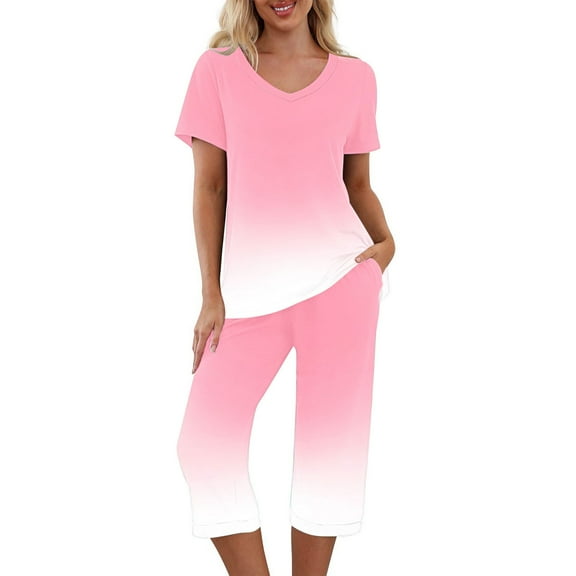 Women's Pajama Sets Two Piece Sets for Women Capris Short Sleeve Tee Shirts and High Waisted Trousers Sleep Wear