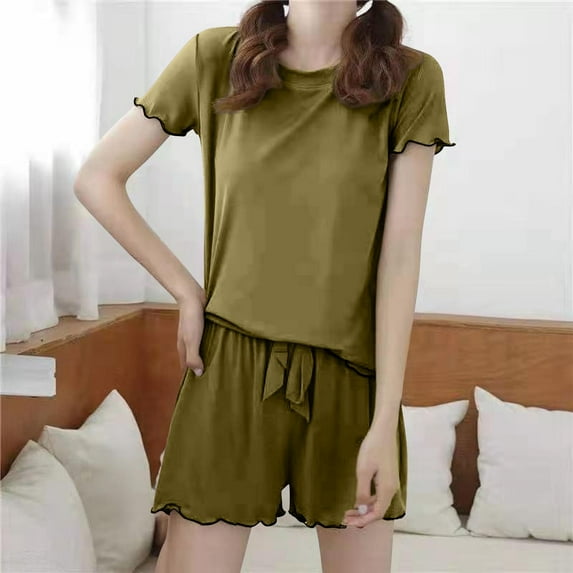 Women's Pajama Sets Under $10 Free Shipping Casual Knitted Streak Round Neck Short Sleeve Shorts Home Set