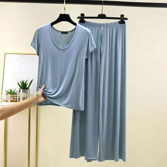 Women's Pajama Sets Under $10 Plus Size 3XL Loose Solid Color T-shirt Wide Leg Pants Home Wear Two-piece Short Sleeve V-Neck Pant Sets