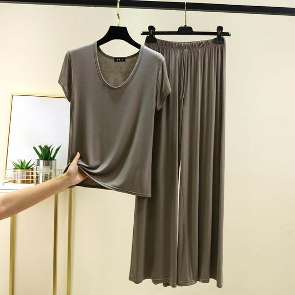 Women's Pajama Sets Under $10 Plus Size 3XL Loose Solid Color T-shirt Wide Leg Pants Home Wear Two-piece Short Sleeve V-Neck Pant Sets