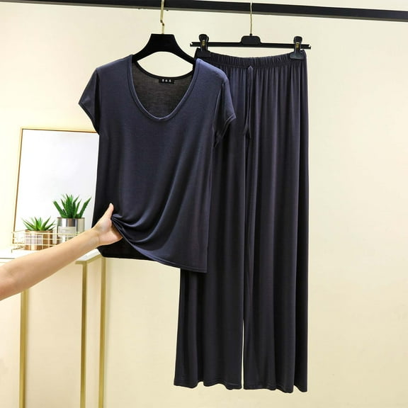 Women's Pajama Sets Under $10 Plus Size 3XL Loose Solid Color T-shirt Wide Leg Pants Home Wear Two-piece Short Sleeve V-Neck Pant Sets