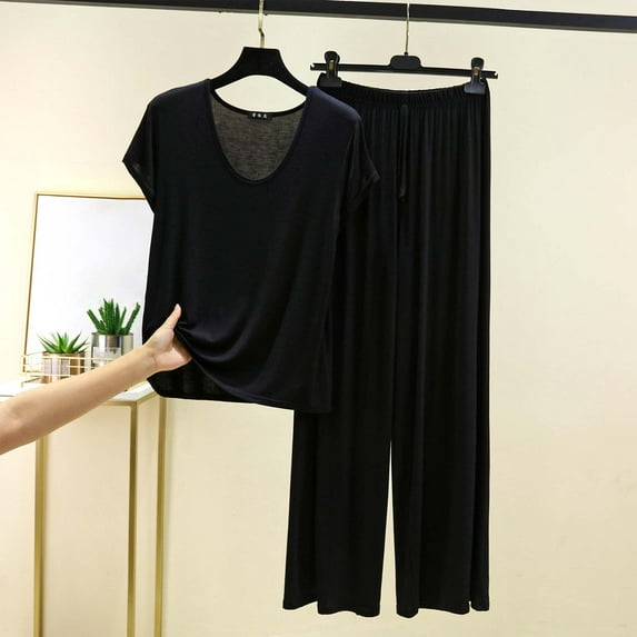 Women's Pajama Sets Under $10 Plus Size 3XL Loose Solid Color T-shirt Wide Leg Pants Home Wear Two-piece Short Sleeve V-Neck Pant Sets