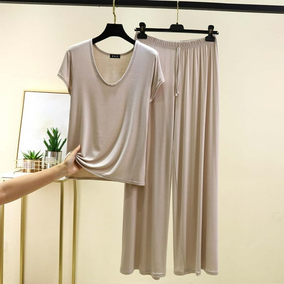 Women's Pajama Sets Under $10 Plus Size 3XL Loose Solid Color T-shirt Wide Leg Pants Home Wear Two-piece Short Sleeve V-Neck Pant Sets