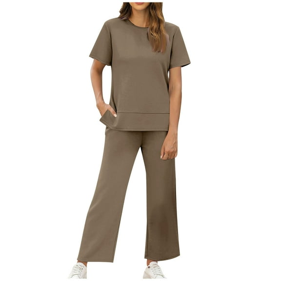 Women's Pajama Sets Women Summer 2 Piece Outfits Side Split Tunic Top and Wide Leg Pants Solid Casual Two Piece Set